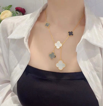 [Marins]CLOVER 6 MOTIF MOP ONYX GOLD NECKLACE