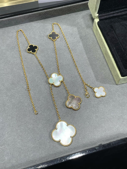 [Marins]CLOVER 6 MOTIF MOP ONYX GOLD NECKLACE