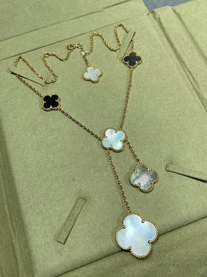 [Marins]CLOVER 6 MOTIF MOP ONYX GOLD NECKLACE