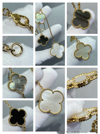 [Marins]CLOVER 6 MOTIF MOP ONYX GOLD NECKLACE