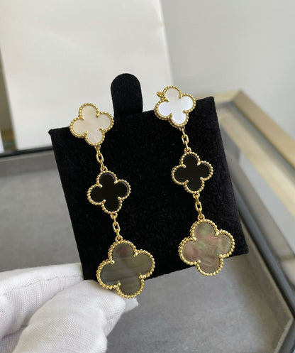 [Marin-Jewelry]CLOVER 3 MOTIF MOP ONYX DARK MOP PINK GOLD EARRINGS