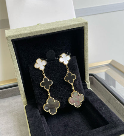 [Marins]CLOVER 3 MOTIF MOP ONYX DARK MOP PINK GOLD EARRINGS