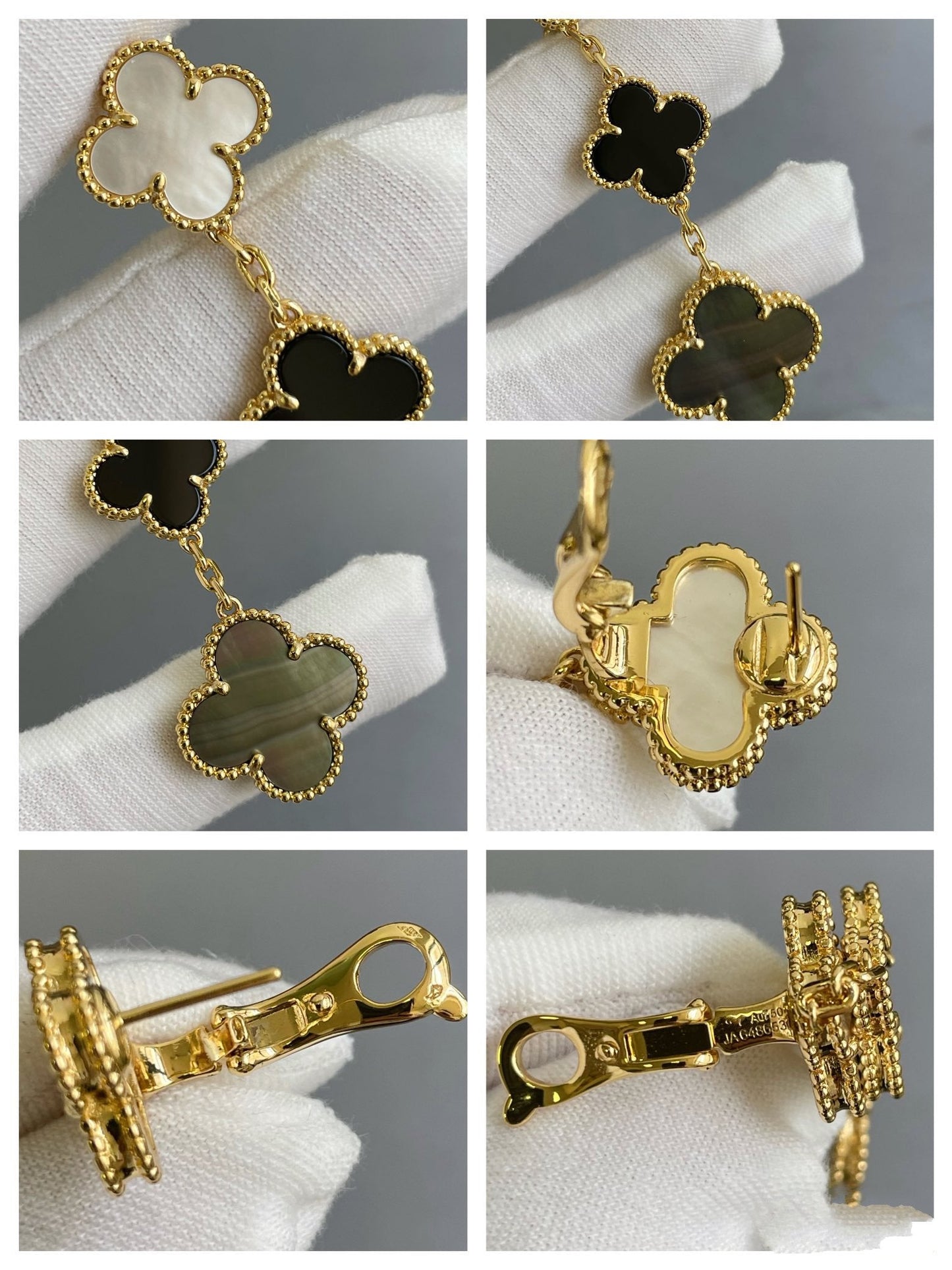 [Marins]CLOVER 3 MOTIF MOP ONYX DARK MOP PINK GOLD EARRINGS