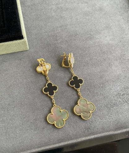 [Marins]CLOVER 3 MOTIF MOP ONYX DARK MOP PINK GOLD EARRINGS