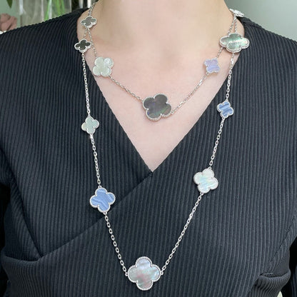 [Marins]CLOVER 16 MOTIF CHALCEDONY MOP SILVER NECKLACE