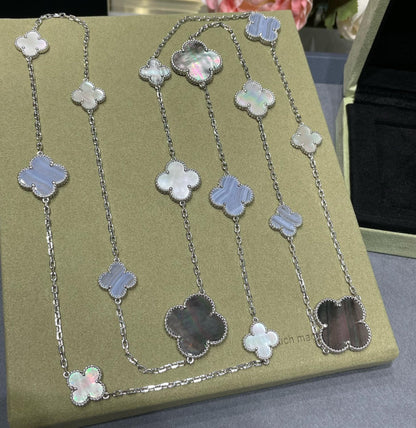 [Marins]CLOVER 16 MOTIF CHALCEDONY MOP SILVER NECKLACE