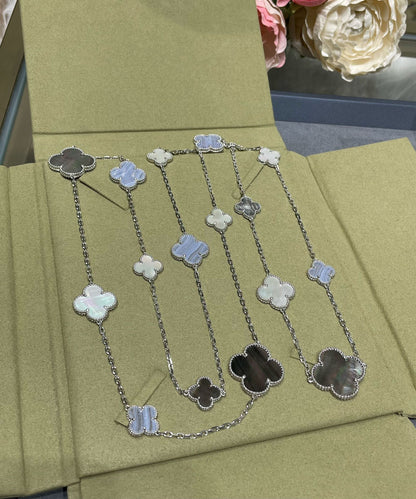 [Marins]CLOVER 16 MOTIF CHALCEDONY MOP SILVER NECKLACE