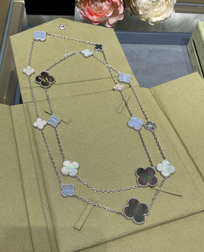 [Marins]CLOVER 16 MOTIF CHALCEDONY MOP SILVER NECKLACE