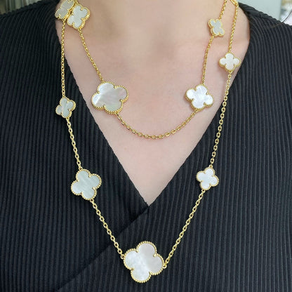 [Marins]CLOVER 16 MOTIF WHITE MOP GOLD NECKLACE