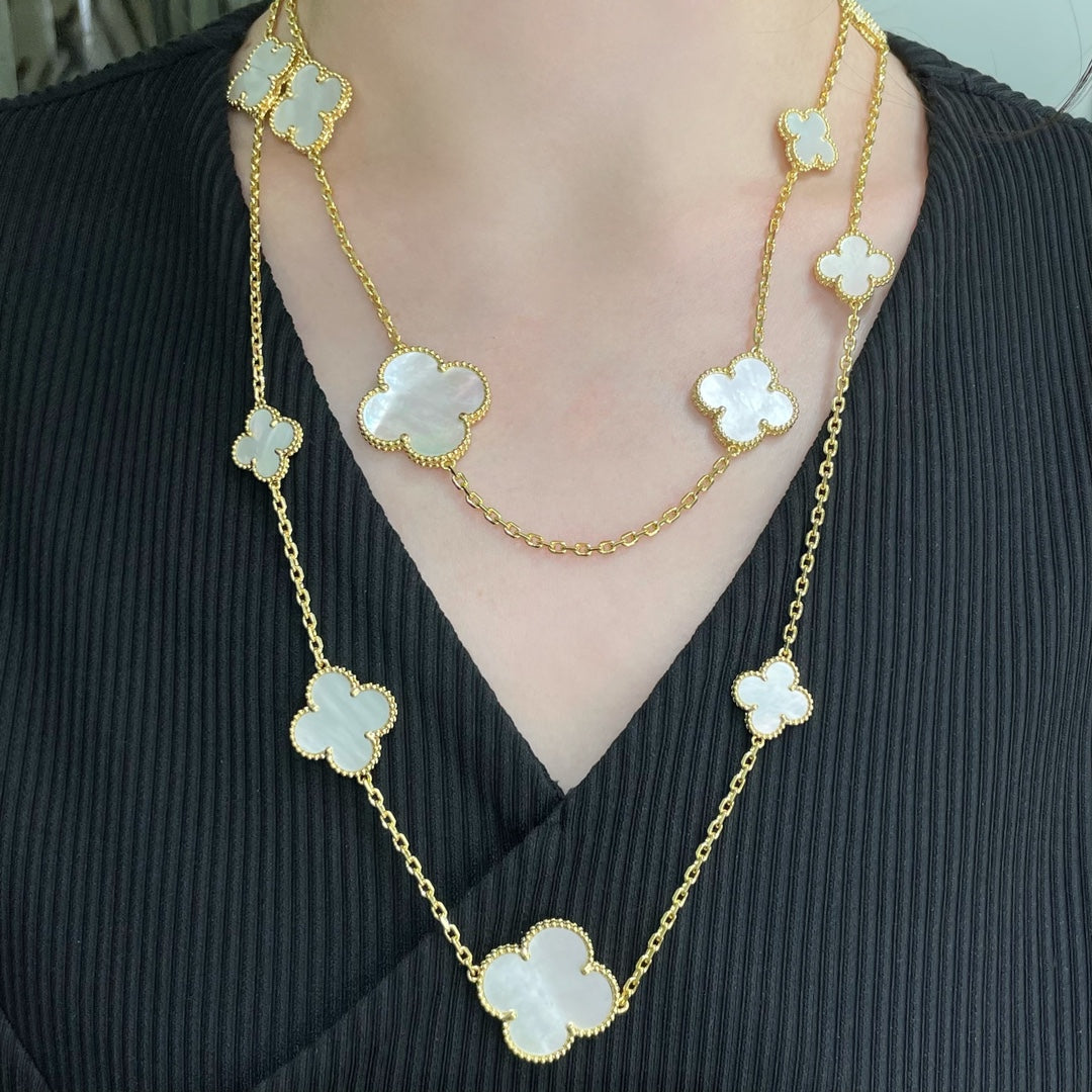 [Marins]CLOVER 16 MOTIF WHITE MOP GOLD NECKLACE