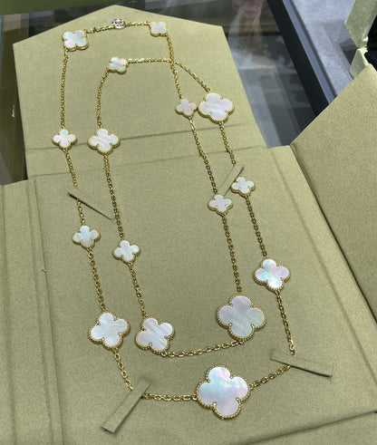 [Marins]CLOVER 16 MOTIF WHITE MOP GOLD NECKLACE