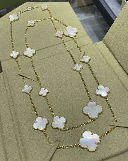 [Marins]CLOVER 16 MOTIF WHITE MOP GOLD NECKLACE