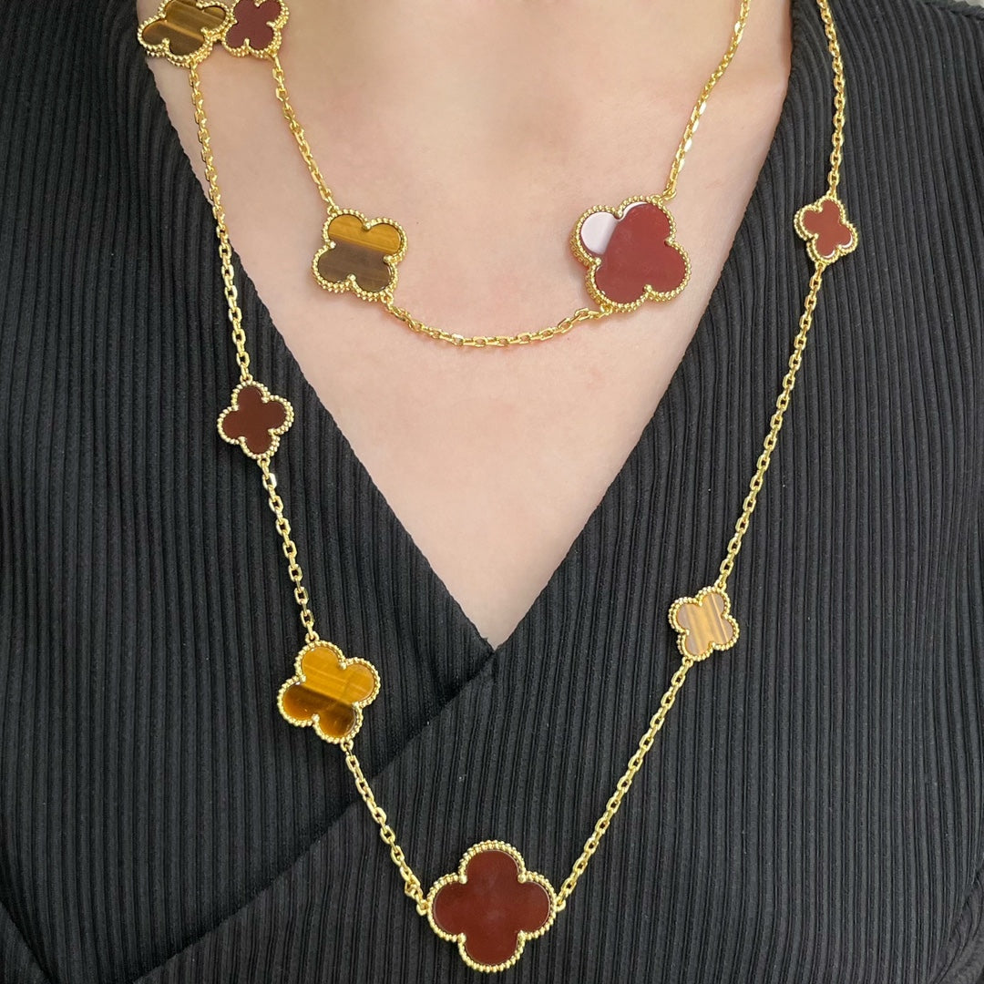 [Marins]CLOVER 16 MOTIF CARNELIAN TIGER EYE Marins GOLD NECKLACE