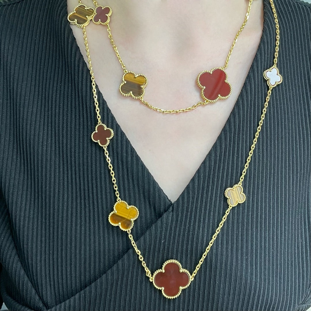 [Marins]CLOVER 16 MOTIF CARNELIAN TIGER EYE Marins GOLD NECKLACE