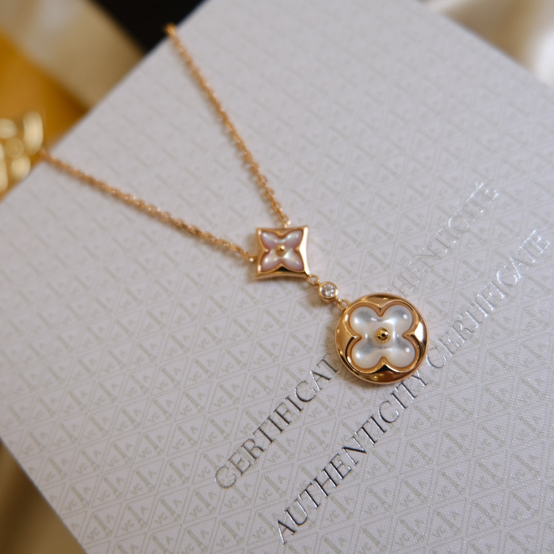 [Marins]STAR AND SUN WHITE MOP 2 MOTIF PINK GOLD NECKLACE