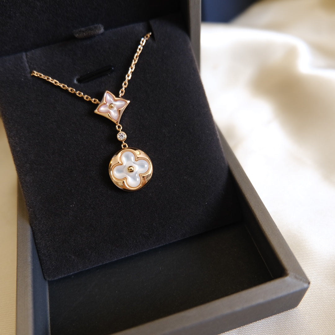 [Marins]STAR AND SUN WHITE MOP 2 MOTIF PINK GOLD NECKLACE