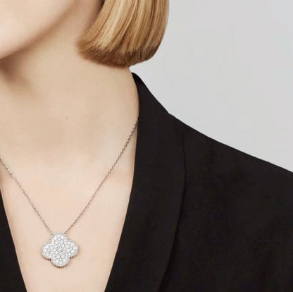 [Marins]CLOVER 25MM LARGE PENDANT DIAMOND PAVED SILVER NECKLACE
