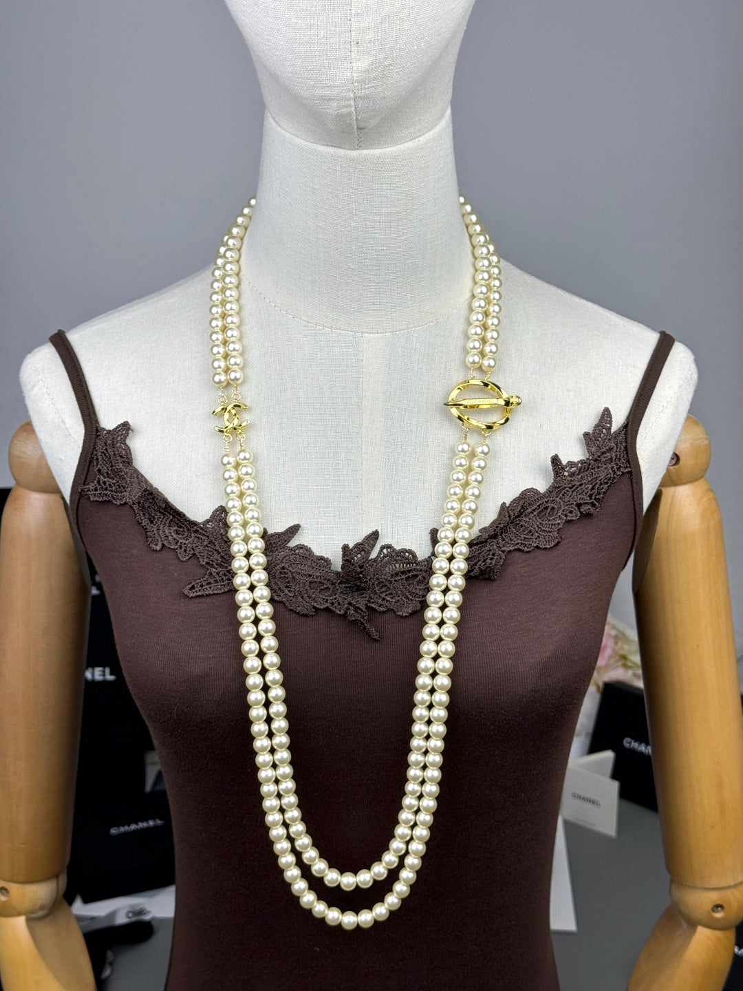 [Marins]25K Pencil Double C Double-Layer Pearl Sweater Chain