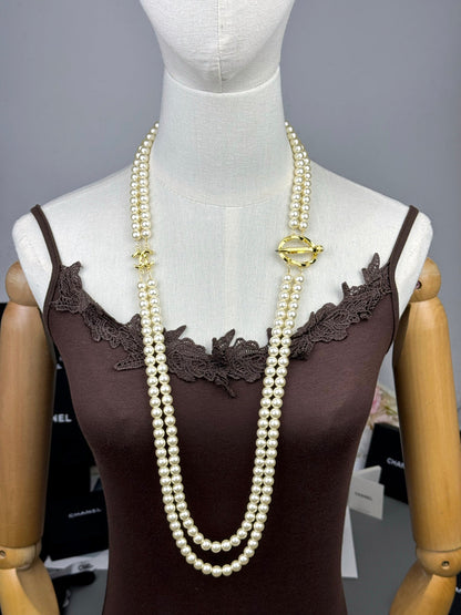 [Marins]25K Pencil Double C Double-Layer Pearl Sweater Chain