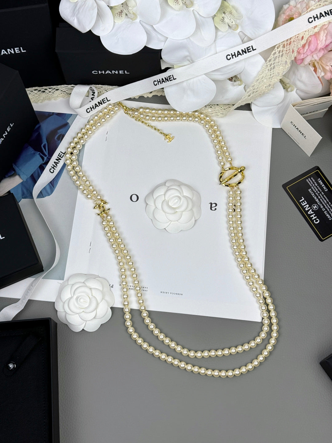 [Marins]25K Pencil Double C Double-Layer Pearl Sweater Chain