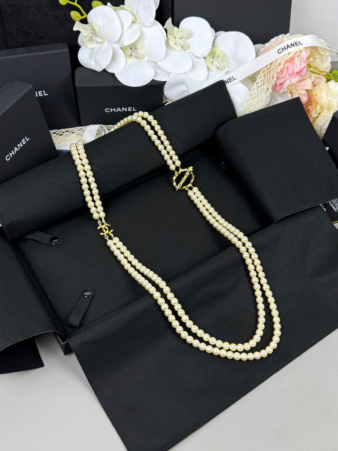 [Marins]25K Pencil Double C Double-Layer Pearl Sweater Chain