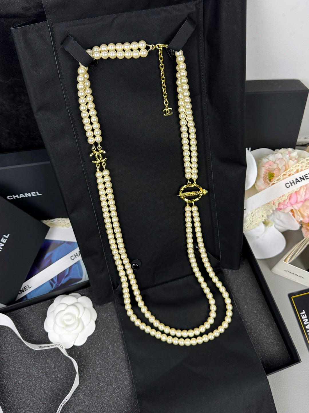 [Marins]25K Pencil Double C Double-Layer Pearl Sweater Chain