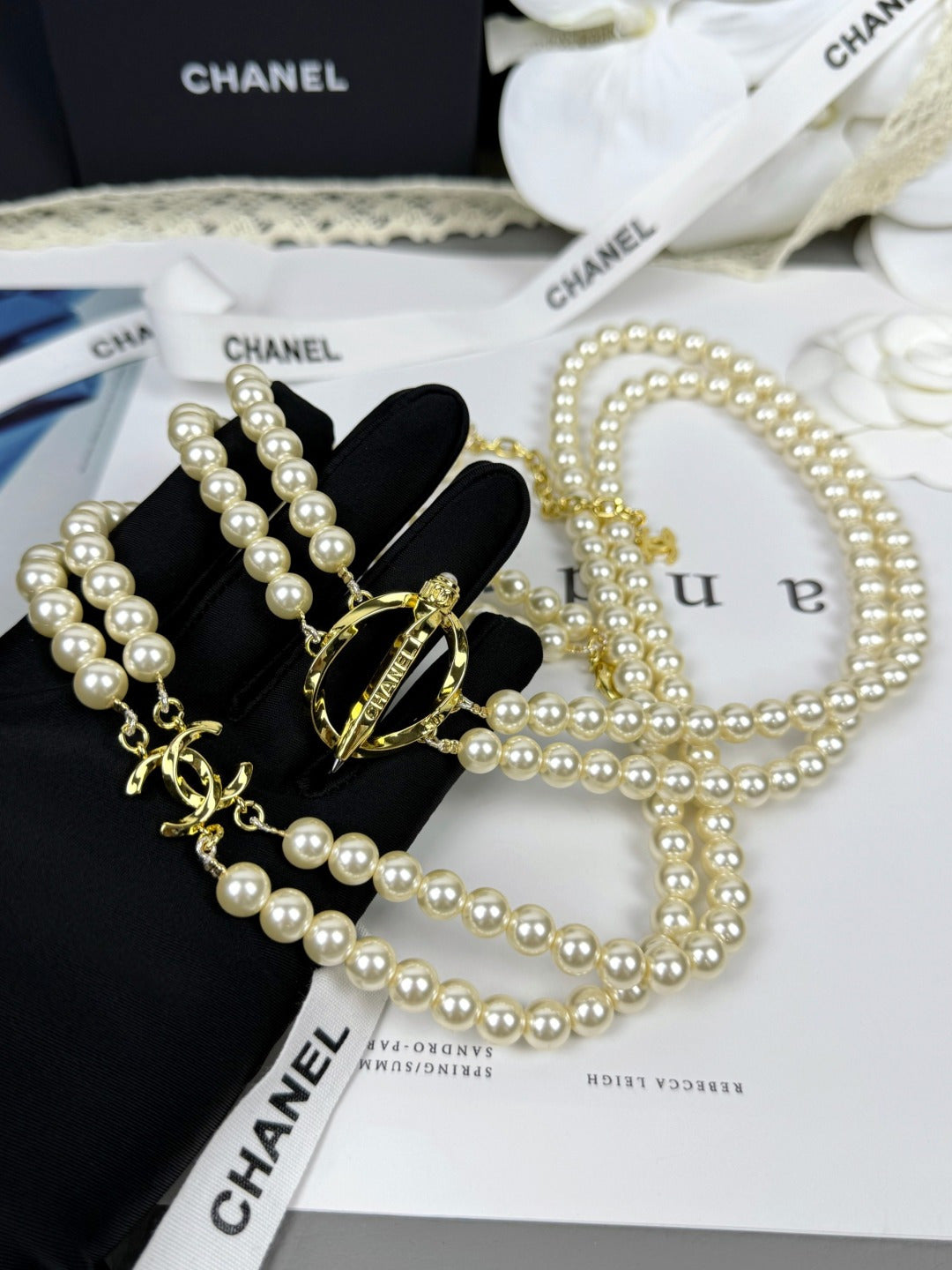 [Marins]25K Pencil Double C Double-Layer Pearl Sweater Chain