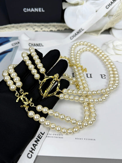 [Marins]25K Pencil Double C Double-Layer Pearl Sweater Chain