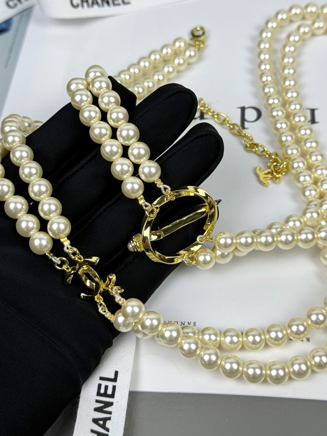 [Marins]25K Pencil Double C Double-Layer Pearl Sweater Chain