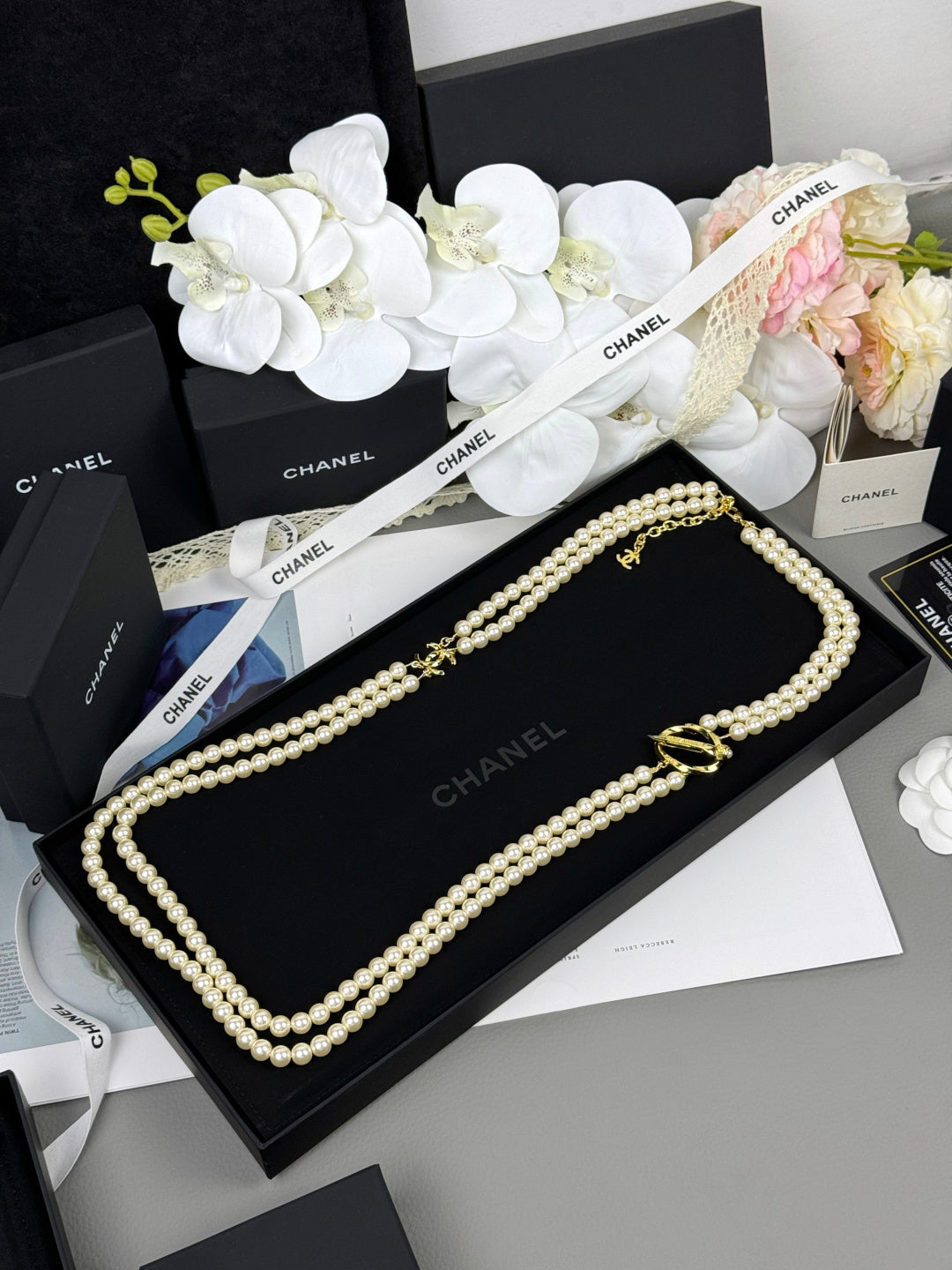 [Marins]25K Pencil Double C Double-Layer Pearl Sweater Chain