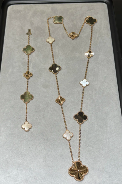 [Marins]DETACHABLE CLOVER 15(11+4) FLOWER SILVER NECKLACE SET