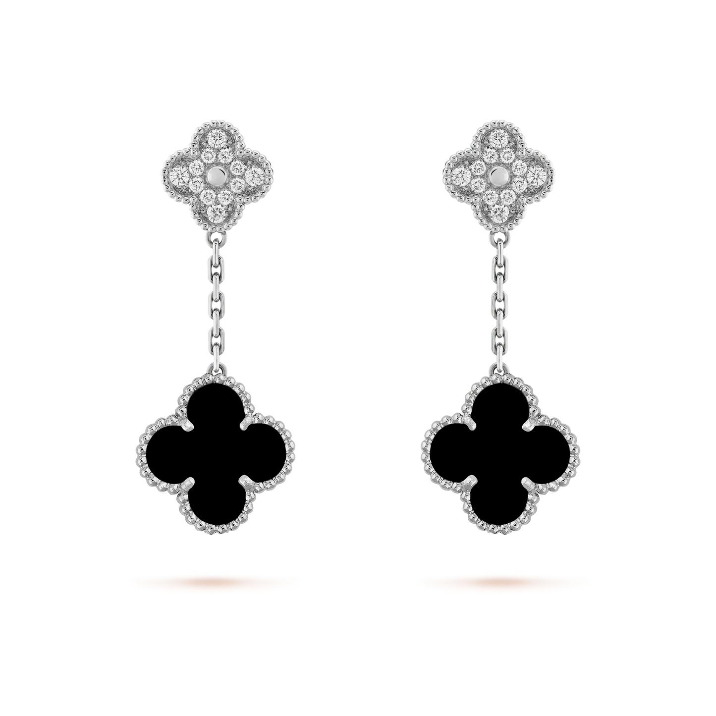 [Marins]CLOVER 2 MOTIFS  DIAMOND ONYX EARRINGS SILVER