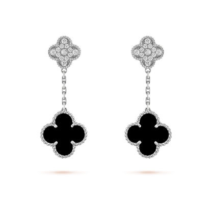 [Marins]CLOVER 2 MOTIFS  DIAMOND ONYX EARRINGS SILVER