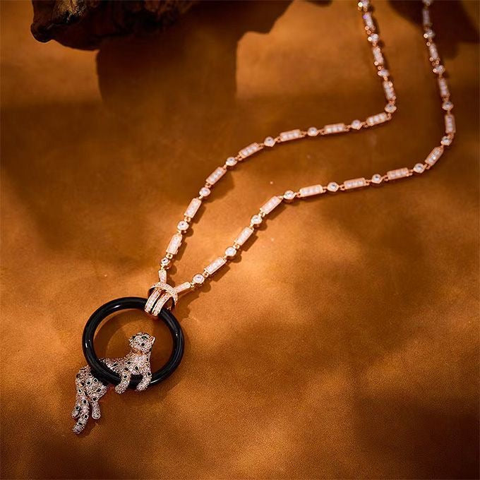 [Marins jewelrys]NEW BLACK CIRCLE PANTHER FULL DIAMOND NECKLACE