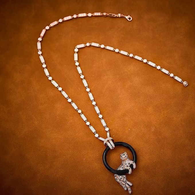 [Marins jewelrys]NEW BLACK CIRCLE PANTHER FULL DIAMOND NECKLACE