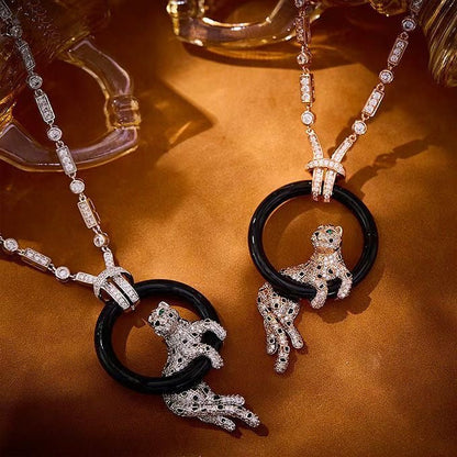 [Marins jewelrys]NEW BLACK CIRCLE PANTHER FULL DIAMOND NECKLACE