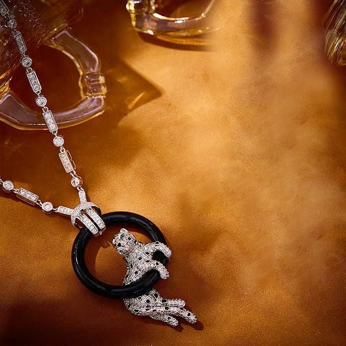 [Marins jewelrys]NEW BLACK CIRCLE PANTHER FULL DIAMOND NECKLACE