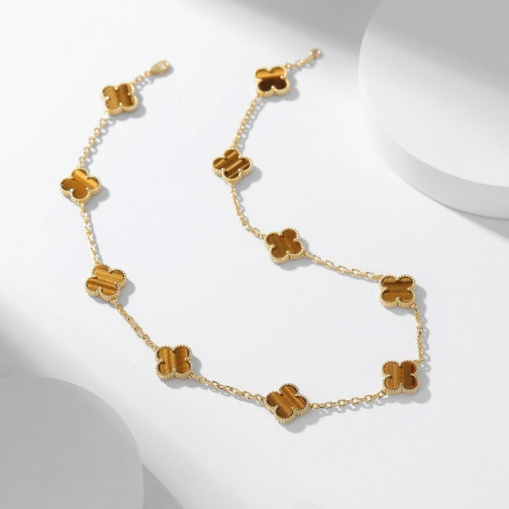 [Marins]CLOVER 10 MOTIFS TIGER EYE NECKLACE