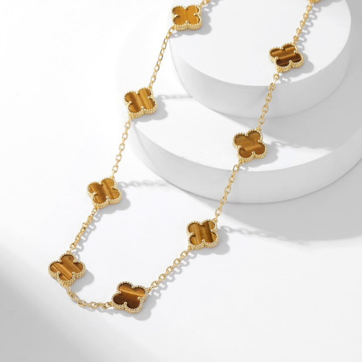 [Marins]CLOVER 10 MOTIFS TIGER EYE NECKLACE