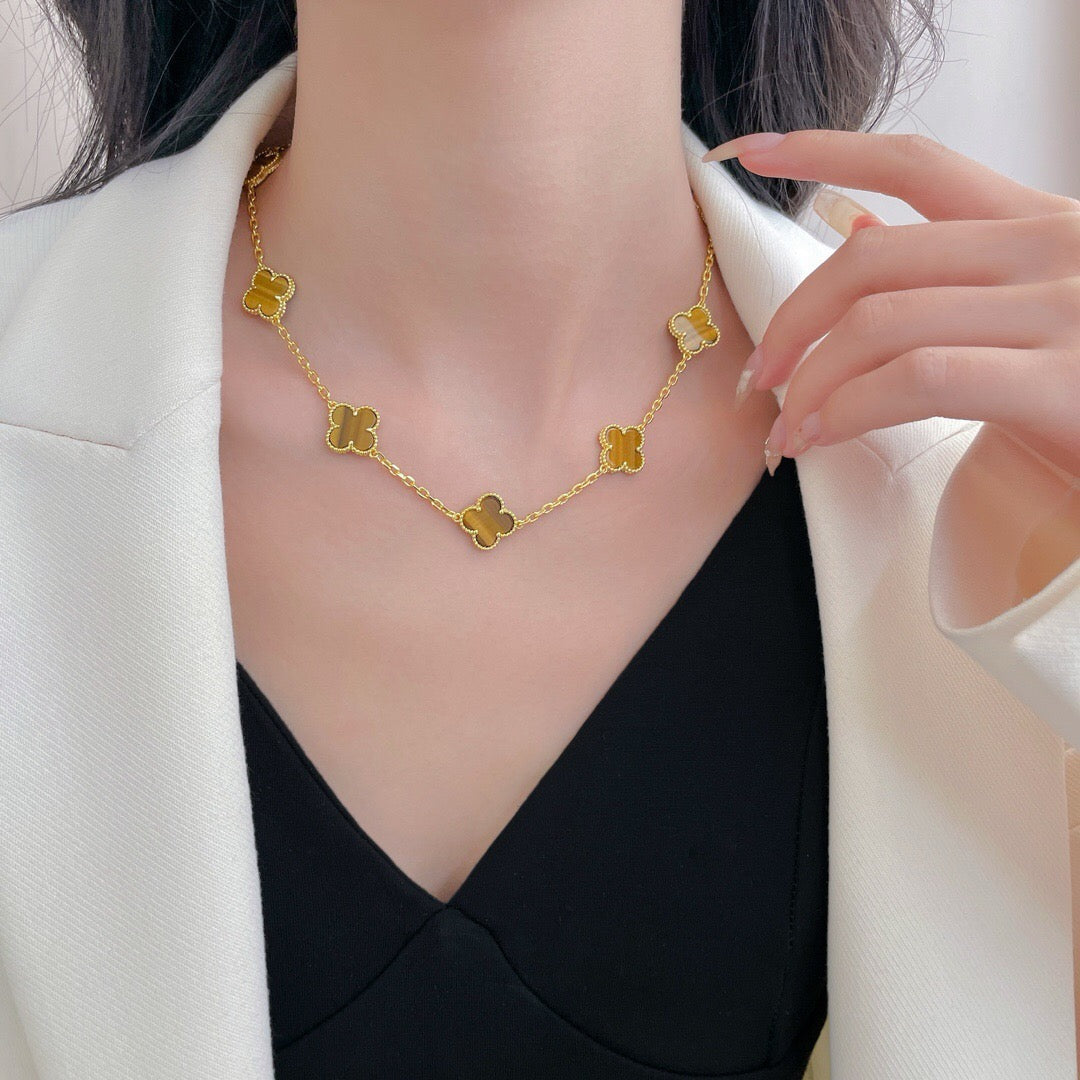 [Marins]CLOVER 10 MOTIFS TIGER EYE NECKLACE