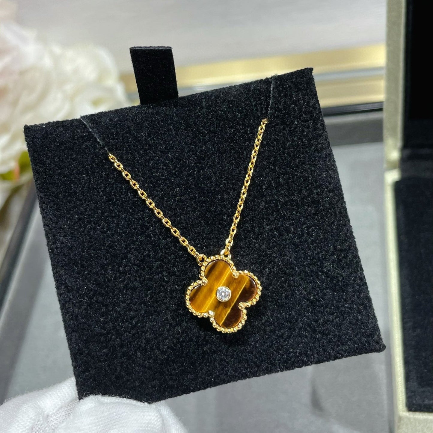 [Marins]CLOVER 15MM DIAMOND AND YELLOW TIGER'S EYE AGATE necklace