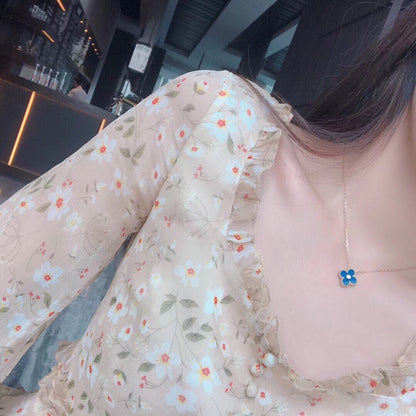[Marin-Jewelry]CLOVER 15MM DIAMOND AND BLUE AGATE NECKLACE