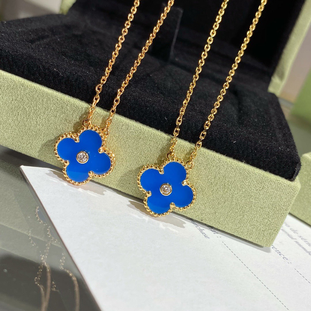 [Marins]CLOVER 15MM DIAMOND AND BLUE AGATE NECKLACE