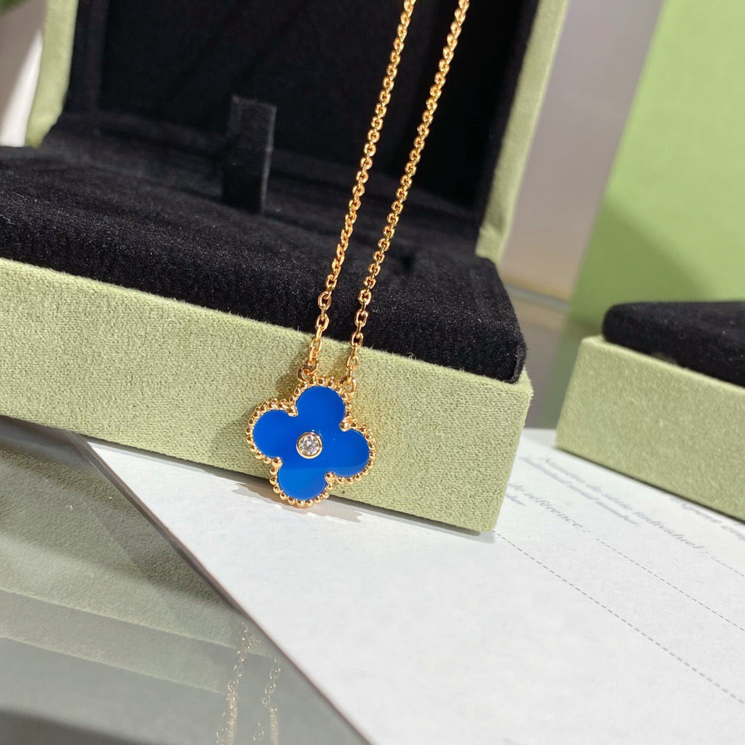 [Marins]CLOVER 15MM DIAMOND AND BLUE AGATE NECKLACE