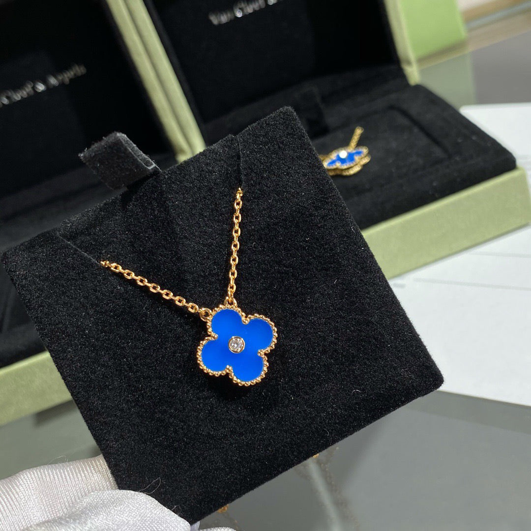 [Marins]CLOVER 15MM DIAMOND AND BLUE AGATE NECKLACE