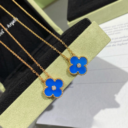 [Marins]CLOVER 15MM DIAMOND AND BLUE AGATE NECKLACE