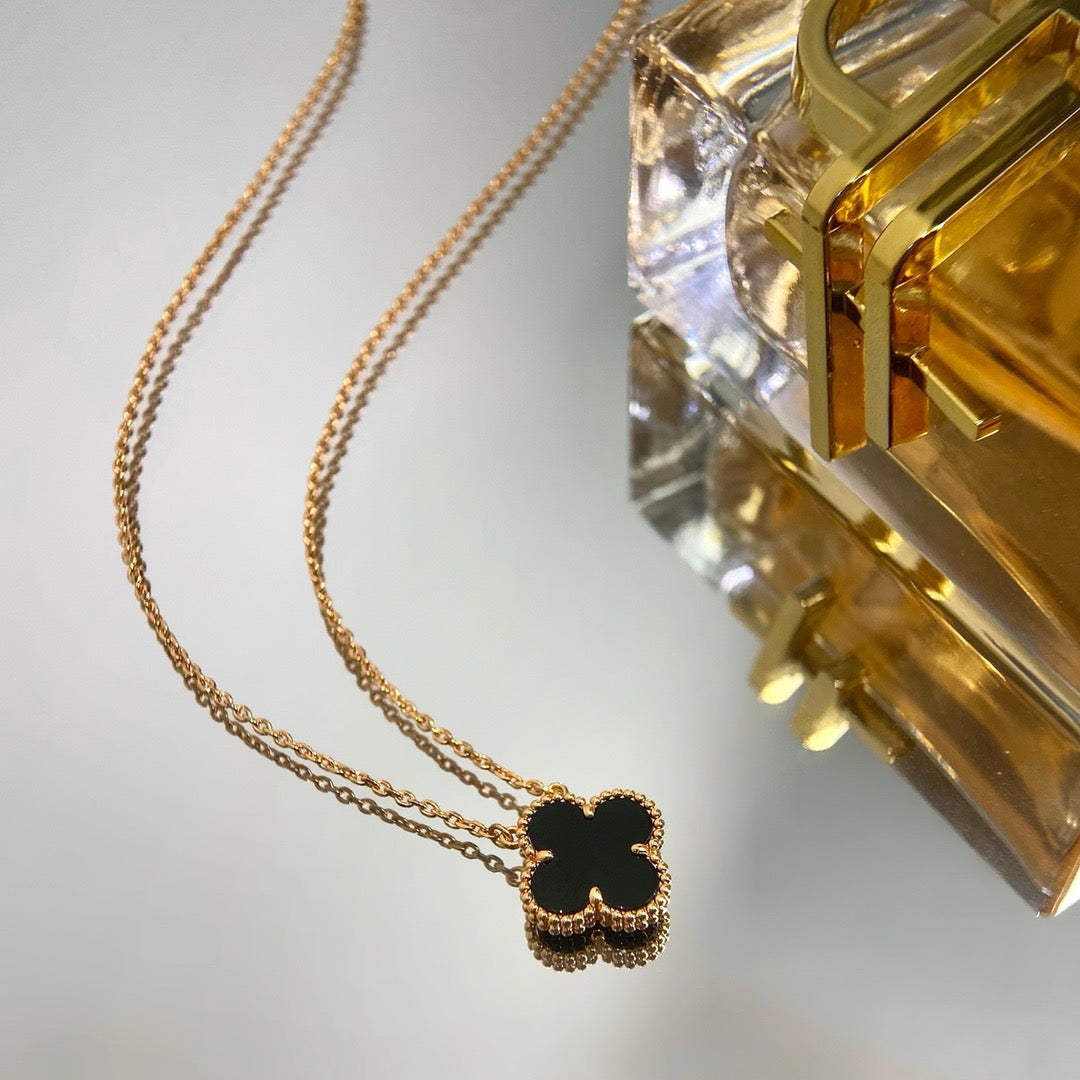 [Marin-Jewelry]CLOVER 15MM BLACK ONYX SINGLE FLOWER NECKLACE