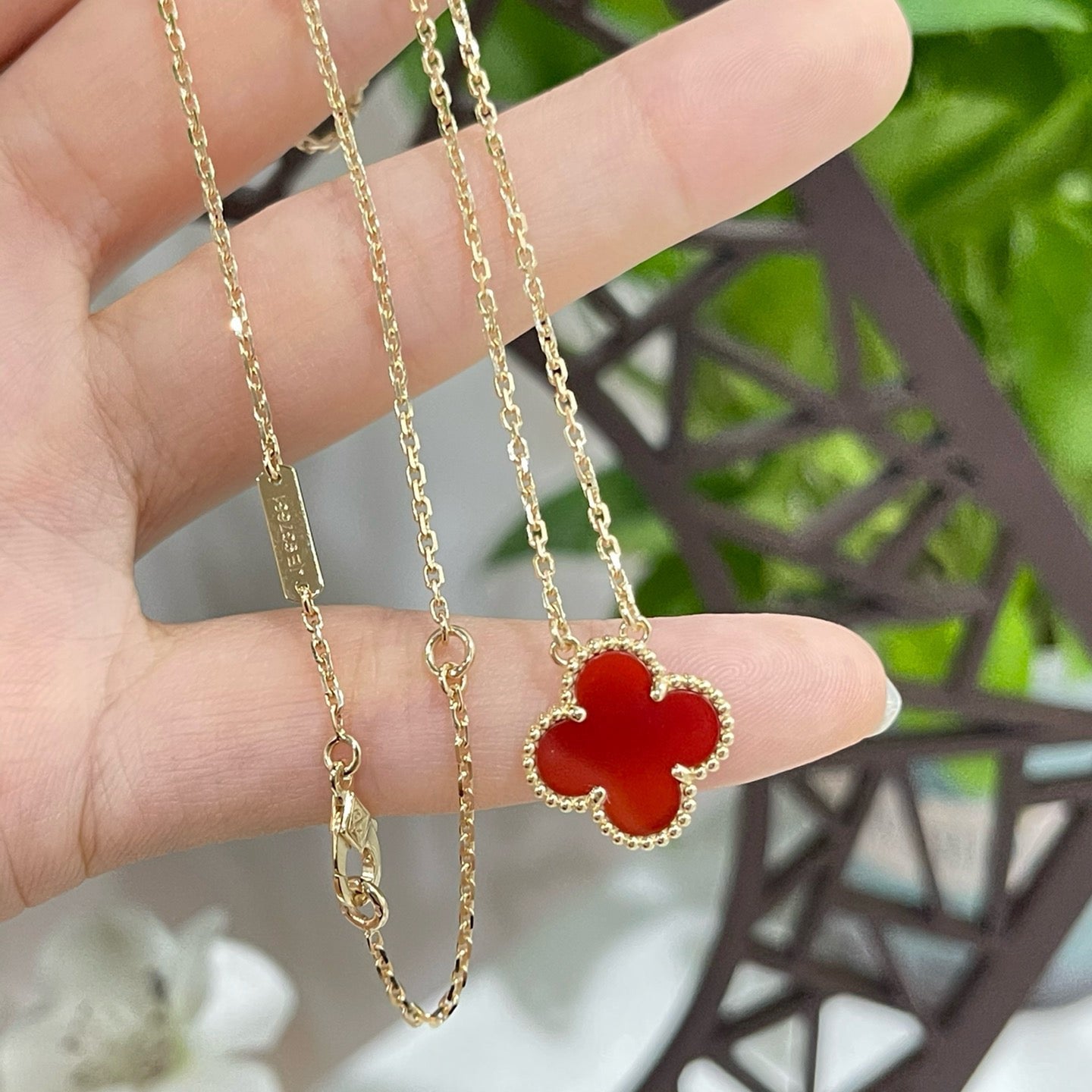 [Marins]CLOVER 15MM CARNELIAN SINGLE FLOWER NECKLACE