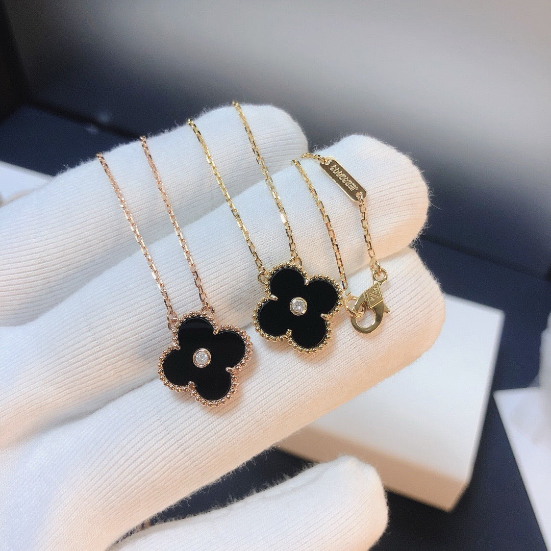 [Marins]CLOVER 15MM DIAMOND ONYX NECKLACE