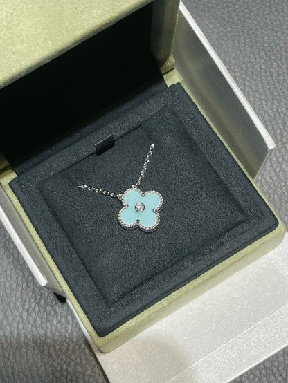 [Marins]CLOVER 1 DIAMOND LIGHT BLUE SILVER NECKLACE